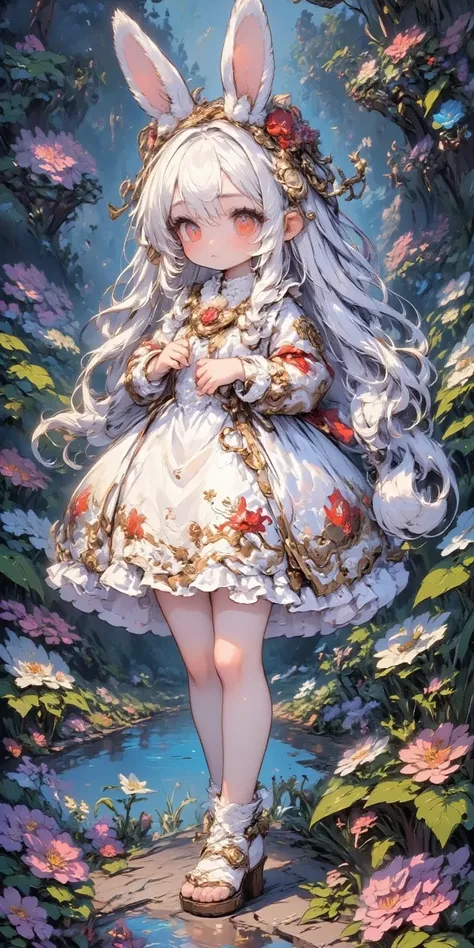 Be sure to print the text "Thank 6000" in a beautiful solemn font.A rabbit girl is in a sleep that never awakens and is dreaming a happy dream.The girl is wearing a beautifully embroidered transparent white frilly dress.The background is very unreal, like ...