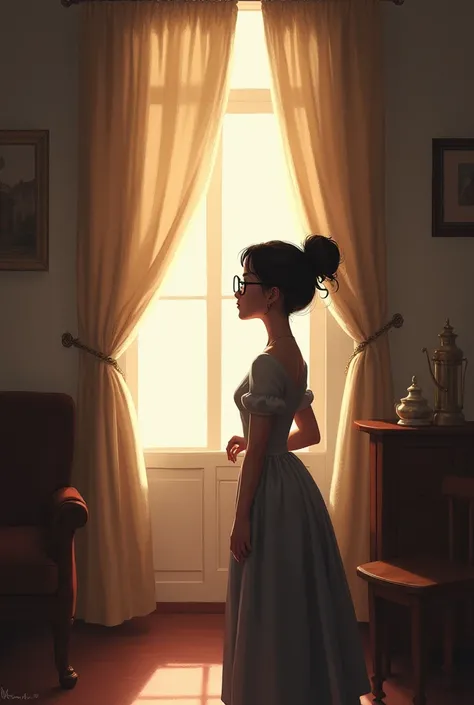  a soft light crosses the curtains of Madame Claudine's house,  a charming lady with glasses .