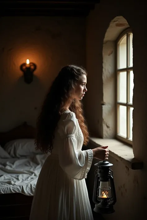 A young woman stands at the window and holds a lantern. She has long and curly hair. Your hair is brown. She is sad. The room is rustic and simply furnished. There is a bed in the corner of the room.  She is dressed in a sixteenth century wedding dress. It...