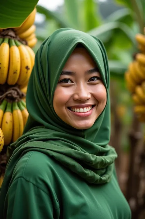 A beautiful Indonesian girl aged 30 years Wearing a hijab made from banana leaves, smiling with buck teeth visible, in the background a banana garden full of bananas,