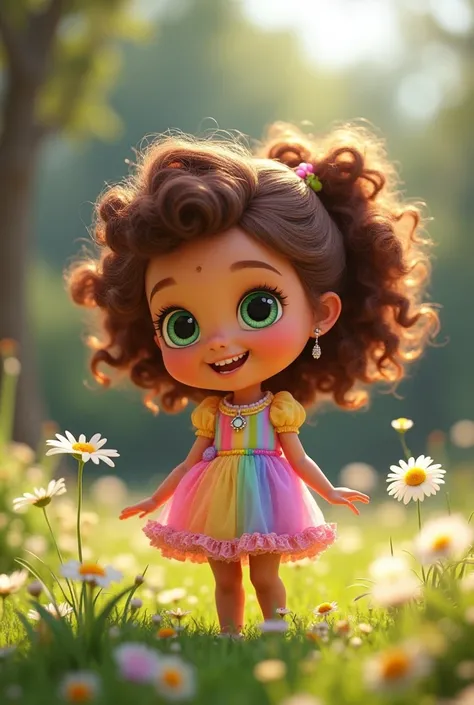 Create a 3D Pixar style of Bella,A cute, small girl with big dreams of becoming a princess. She has curly brown hair, bright green eyes, and wearing a rainbow dress, playing with her friends ( Princess Daisy is a lively and cheerful girl with curly, golden...