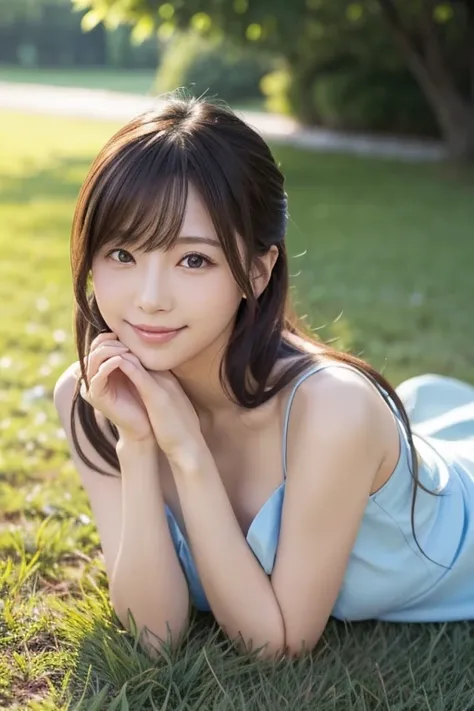 Japanese model lying on the grass with her hands on her chin、The legs are stretched straight、Light blue dress accentuating the chest、Detailed and beautiful eyes、可愛いsmile、 soft and gentle expression 、かわいいsmile、smile