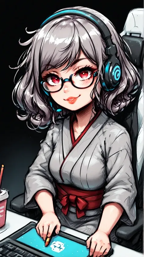 An adult Japanese woman. She has semi-short, black, curly hair. She wears glasses and a dark red and dark gray kimono. She is wearing a gaming headset, sitting in a gaming chair, and broadcasting her PC gameplay. She has finally completed a game that she h...