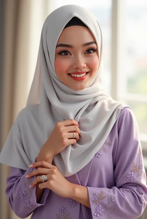 Details hyperealistic digital drawing, a beautiful young malay woman wearing a white embroidered bawal hijab and a purple fleur ditsy floral pattern outfit,soft makeup, a warm smile, and a ring on her finger, symbolizing a loving bond . The setting is subt...