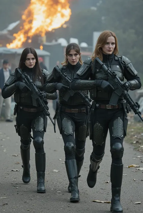  amazing drama，A real photo of a mobile contingent，Female team members，unarmed, Equipped with an exoskeleton ，Detailed armor，heavy armor ， perfect body ，Slender long legs