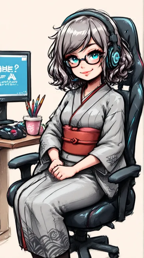 An adult Japanese woman. She has semi-short, black curly hair. She wears glasses and a dark red and dark gray kimono. She is wearing a gaming headset, sitting in a gaming chair, and broadcasting her PC gameplay. She has finally completed a game that she ha...