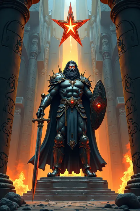 A towering statue of a warrior god dominates the center of a grand, battle-hardened temple, emanating an aura of unyielding strength and divine authority. The figure is clad in ornate, otherworldly armor, its surface engraved with celestial runes that shim...