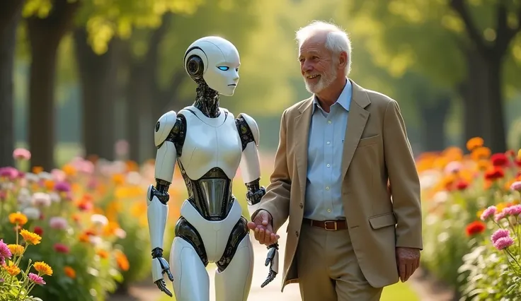 The young, beautiful humanoid robot girl [beautiful humanoid robot girl with human face skin and white metallic body] walks side by side with the old man in a lush, peaceful garden filled with colorful flowers and tall trees. The robot looks elegant and gr...