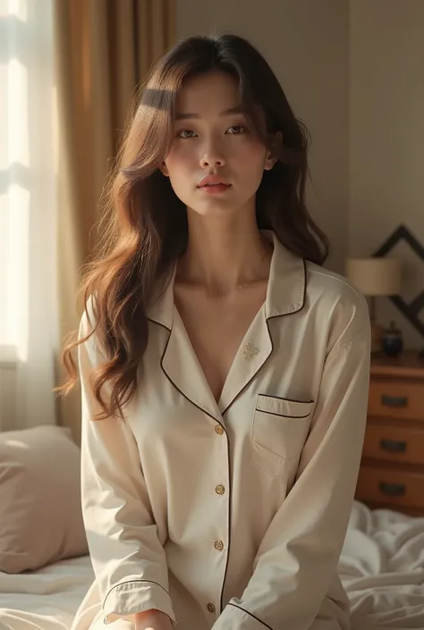 beautiful female skin long hair beautiful ,wear long pajama shirt with front button box motif in a small and simple bedroom