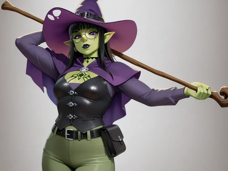 8k, thick, Beautiful, tall, strong, thick body, green skin, yellowish green skin tone, female half orc half elf, German woman, long hair, long black hair, bangs, hair bangs, black straight bangs, round glasses, purple eyes, thin lips black lipstick, alluri...