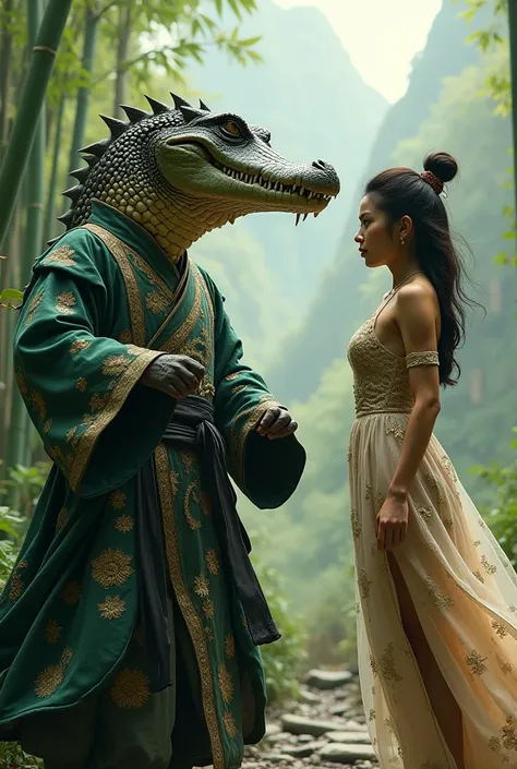 Make a crocodile wear kumfu clothes and a beautiful woman wear a sexy dress