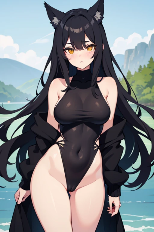 Hot girl, Beautiful long black hair, bright yellow eyes, black Sexy backless one-piece swimsuit, big medium breasts, big hips, A black jacket with NO panties and long black sheer socks, big wolf ears, blush, at a lake