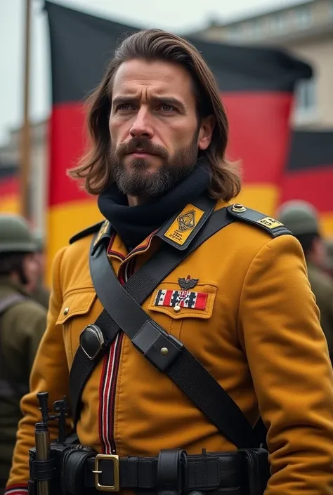 A brave german and handsome soldier with yellow nd red and black clothes yelling bravely  . With a charming face with brown long hair and beard. Writingthe text "es lebe Deutschland" behind him 