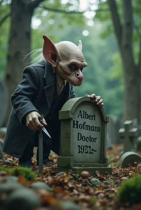 Make me a picture of the master of the trolls. The Master of Trolls is creepy and is in a graveyard with his army of little trolls. The tombstone says  "dr Albert Hofmann, 2024-2025". The writing on the tombstone must be clearly visible. It must be obvious...