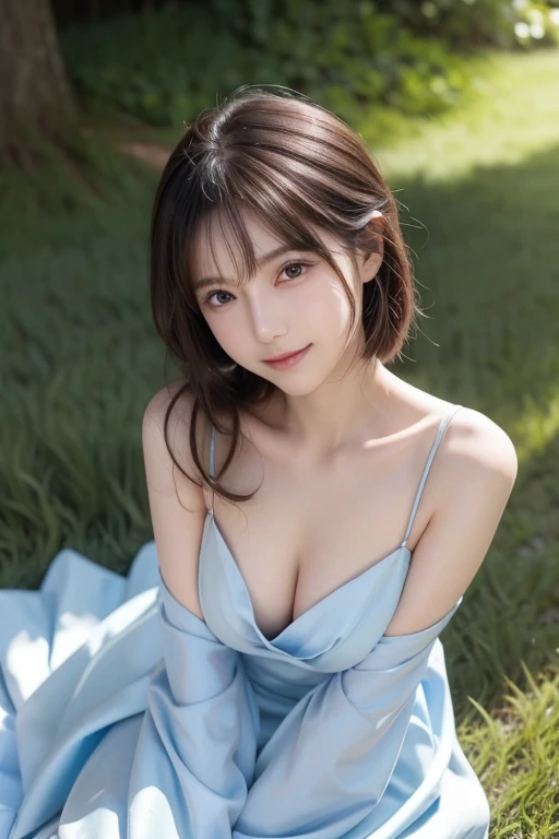 Japanese model lying on the grass with her hands on her chin、The legs are stretched straight、Light blue dress accentuating the chest、Detailed and beautiful eyes、可愛いsmile、 soft and gentle expression 、かわいいsmile、smile