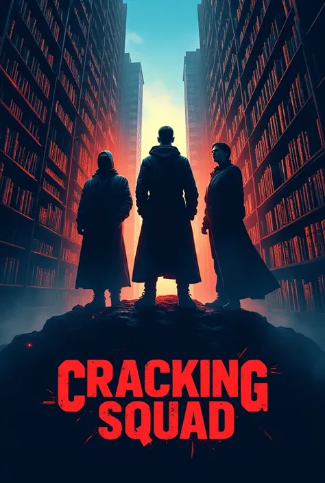 A logo with an epic background with books, and the words "Cracking Squad" writing in bold.