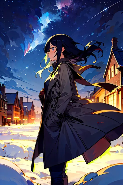 (masterpiece,  best quality), black hair, long, girl, trench coats, muffler ,star,Night Sky,winter,Town, Europe,dusk, anime style,Colorful,#girl