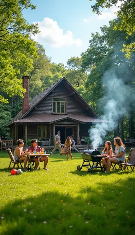 A rustic, well-maintained house surrounded by lush green trees, set under a bright sunny sky. In the foreground, a group of friends, including Júlio, are enjoying themselves on a vibrant green lawn. They are laughing, chatting, and grilling food on a porta...