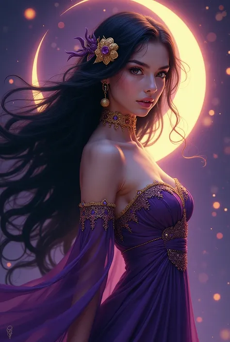 A crescent moon goddess. Theme is purple and gold. Black hair, slender figure. Captivating and seductive look. Pretty ancient outfits.