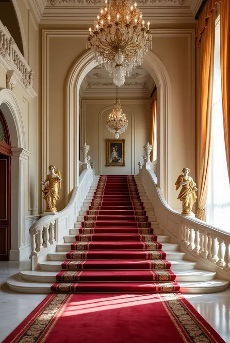 arched staircase in a palace with a chandelier and a chandelier, wide grand staircase, inside a palace, Interior of the Royal Palace red carpet colors ivory with gold more vivid room lighter golden angel statues
