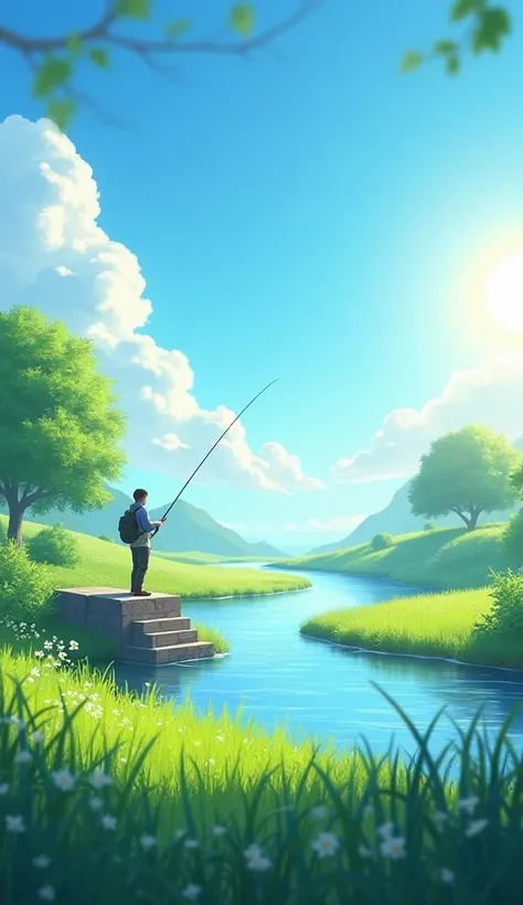 Fishing theme, sky without clouds, bright green background, river, sun, grass and podium in the form of a stone