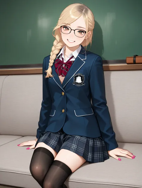 girl,semi realistic,braid,glasses,school uniform,blazer,thighhighs,smile,small breasts,gyaru