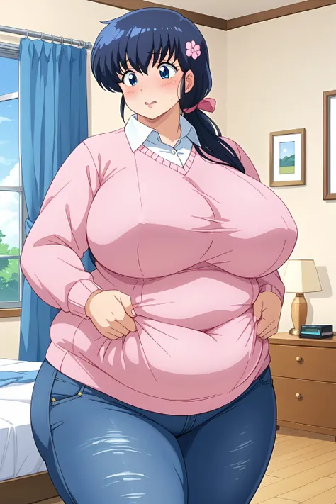 Otonashi Kyoko, long hair、紺色の髪、low ponytail,pink ribbon for hair decoration、Dark blue eyes、 pink sweater 、Blue jeans 、white shirt, collared shirt,clavicle,gigantic breasts,enormous breasts,Sloppy belly fat,bedroom, troubled expression, embarrassed expressi...