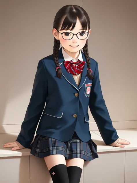 girl,semi realistic,braid,glasses,school uniform,blazer,thighhighs,smile,loli