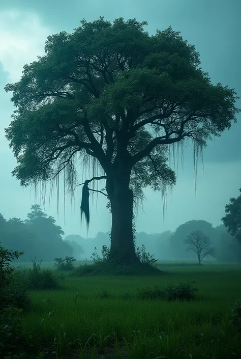 A spooky rural landscape with a large tamarind tree, where a ghostly figure is hanging from one of its branches. The tree is surrounded by lush greenery, with small grass covering the ground. The sky is cloudy with hints of blue, creating an eerie yet calm...