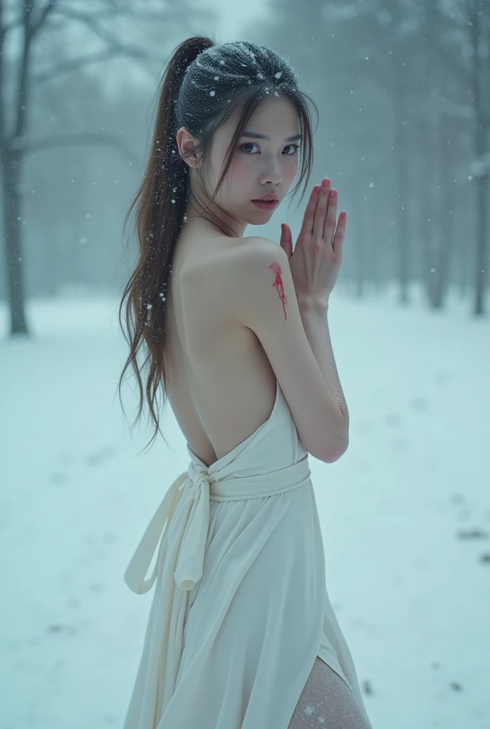 Ultra HD,, details,realistic,Realism, a skinny female model， praying during a blizzard,white halter halter dress,white ultra-thin skinny over-the-knee high heel stiletto boots，Injuried,bleed, ponytail, fearful expression ,Movie lens type， looking at the ca...