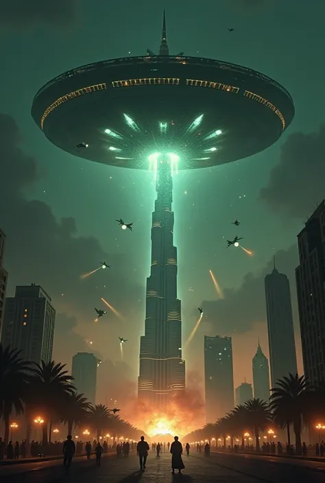 Here’s the prompt:  

"A massive alien mothership hovers ominously over the skyline of Dubai, casting a dark shadow on the iconic Burj Khalifa. From the giant spacecraft, dozens of small alien fighter ships descend, swarming around the tower and launching ...