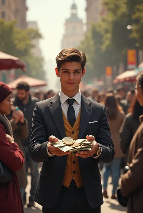 Rich young man who giving away their money at the street