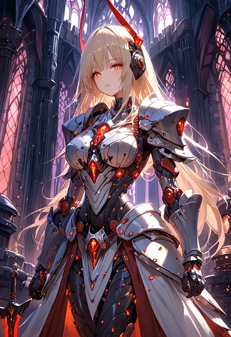 Cyber Dark Knight。Machine Girl。Blonde。 Machine Body 。Dark Knight Armor。 mechanization。 Full Armor。Wishlist。Cybercastle。Hide your face。1 weapon 。Sword of Darkness 。The 。 face guard。 Head Armor。Crimson Glow 。Great Sword。giant gauntlet。 Beautiful Girl。redeyes