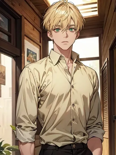 Blonde　 green eyes　male　Westerners　whole body　 shirt