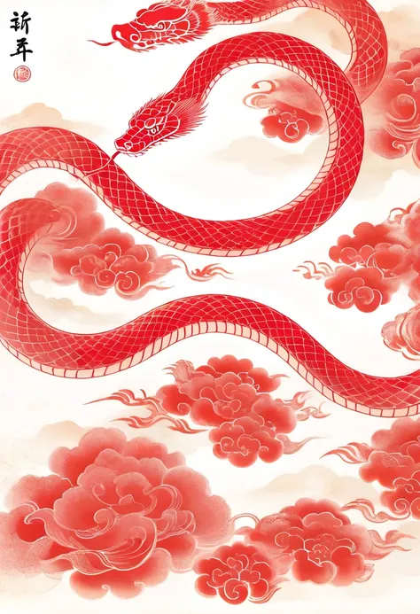 hongshe,red, traditional Chinese painting, ink painting, line, calligraphy, Chinese ink painting, line, white background, snake, a red snake, fiery red auspicious clouds, the shape of the snake is in line with the laws of nature, joyful in the Year of the ...