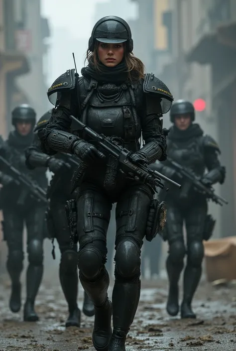  amazing drama，A real photo of a mobile contingent，Female team members，Equipped with an exoskeleton ，Detailed armor，heavy armor ， perfect body ，Slender long legs