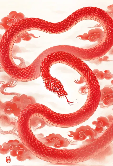 hongshe,red, traditional Chinese painting, ink painting, line, calligraphy, Chinese ink painting, line, white background, snake, a red snake, fiery red auspicious clouds, the shape of the snake is in line with the laws of nature, joyful in the Year of the ...