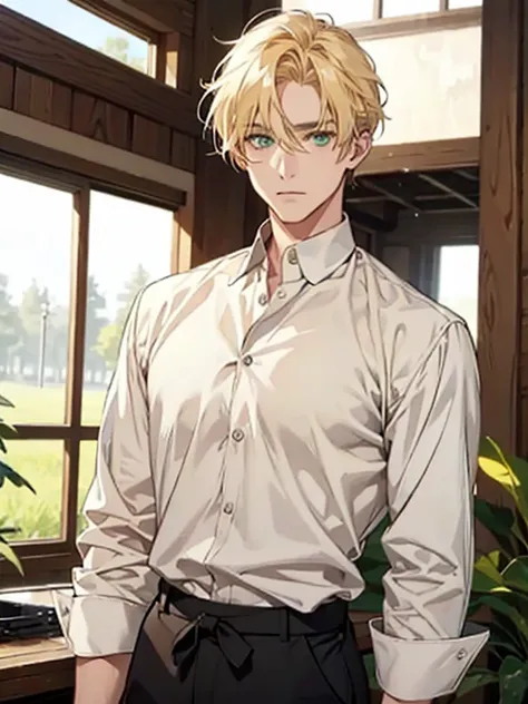 Blonde　 green eyes　male　Westerners　whole body　 white shirt