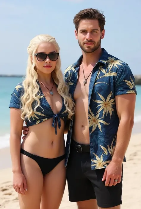 Daenerys Targaryen, black sunglasses, midriff tied hawaian shirt, short shorts,in a tropical beach resort,posing for a photo with a man 