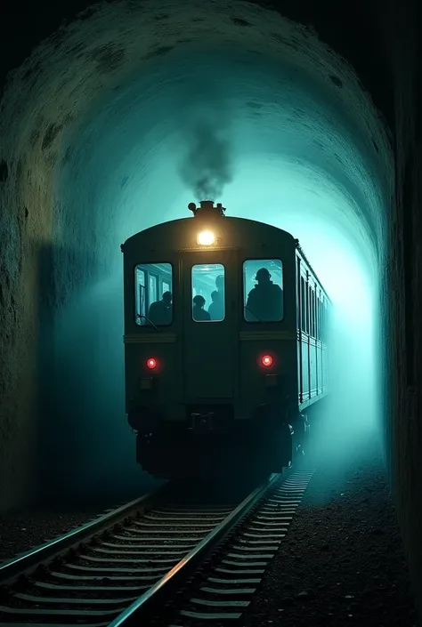 "A ghost train crossing a tunnel ,  with a visual effect that mixes reality and fantasy .  The front of the train shines with a spectral light ,  and shadows of haunted passengers appear in its windows .  The tunnel is tight and full of old construction ma...