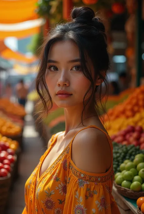 Create a Hello beautiful woman in a market full of fruits