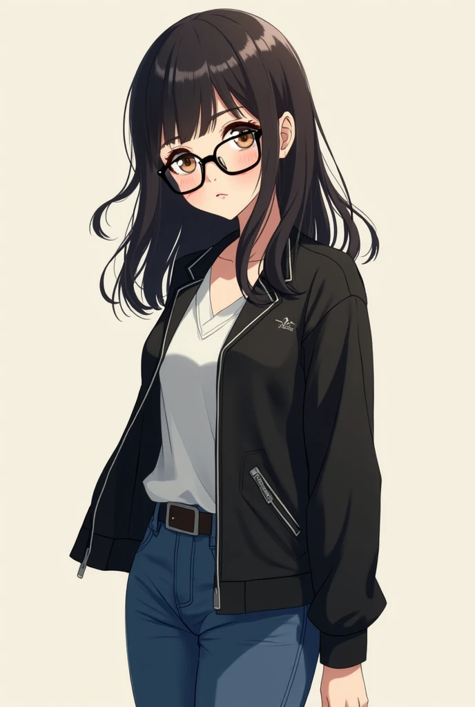 Anime character girl with black hair and glasses and light brown eyes and black jacket and jeans 