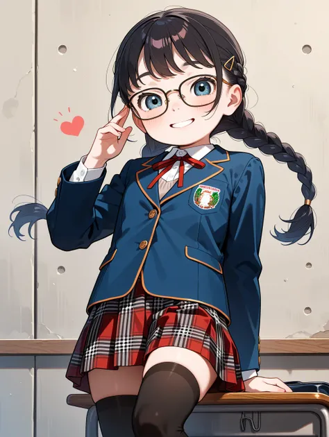 girl,,braid,glasses,school uniform,blazer,thighhighs,smile,elementary school