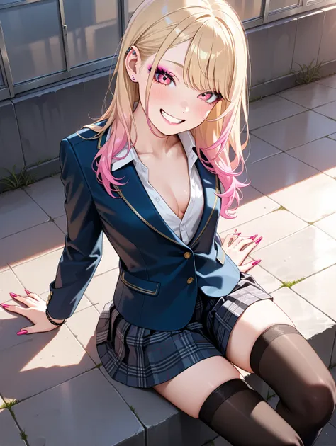 girl,semi realistic,,school uniform,blazer,thighhighs,smile,small breasts,gyaru,cleavage