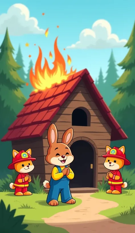 The fire is completely extinguished, leaving behind a charred but intact wooden rabbit house with a red roof. The brown cartoon rabbit, still wearing a yellow shirt and blue overalls, stands in front of the house with a relieved expression. The rabbit is s...