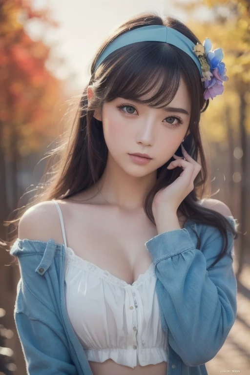 (8k,  top quality, masterpiece: 1.2), ( top quality: 1.0), ( ultra high definition: 1.0), watercolor,  beautiful women, (輝く瞳,  Blue Peoples with Handguns ),shoulder,  headband ,   Bust Portrait , Extremely bright design,  pastel color, autumn lights, Moody...