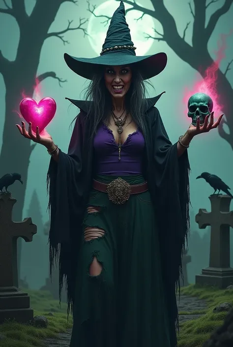 A movie poster pose, full body, a wicked witch, grotesque face, she wears a tattered sorceress hat, uneven and messy black and grey hair, hunched posture, small crooked nose, big chest, she wears a ragged dark purple shirt, she wears a torn, sinister-looki...