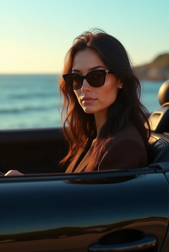 sophia, an impeccably beautiful virtual model ,  with long dark brown hair that falls softly over her shoulders ,  hazel eyes , Where are you behind the wheel of a luxury sports car,  a black convertible with a glossy finish . She is on the move,  driving ...