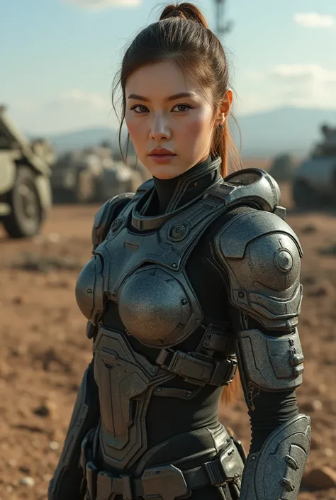 8k, UHD, Realistic, full body, Beautiful, captivating, female super soldier from 20 and Back project, facial mixed of Kim Ji-won, deep cleavage, depending the Kuiper Belt from Draconian, heavily armed, heavily armored, displaying her advanced weapons, base...