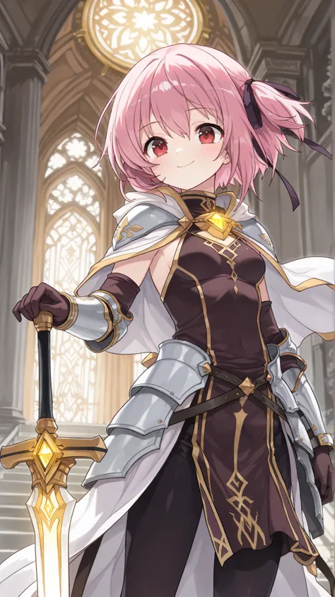 (best quality), (very aesthetic), (ultra-detailed), (best illustration),  tomoka, one woman, female, ribbon,  short hair, pink hair, red eyes, smile, (((small breasts))), A noble paladin, radiating holy light, standing guard at a sacred temple